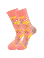 Pair of yellow crew socks with a chrysanthemum floral pattern.